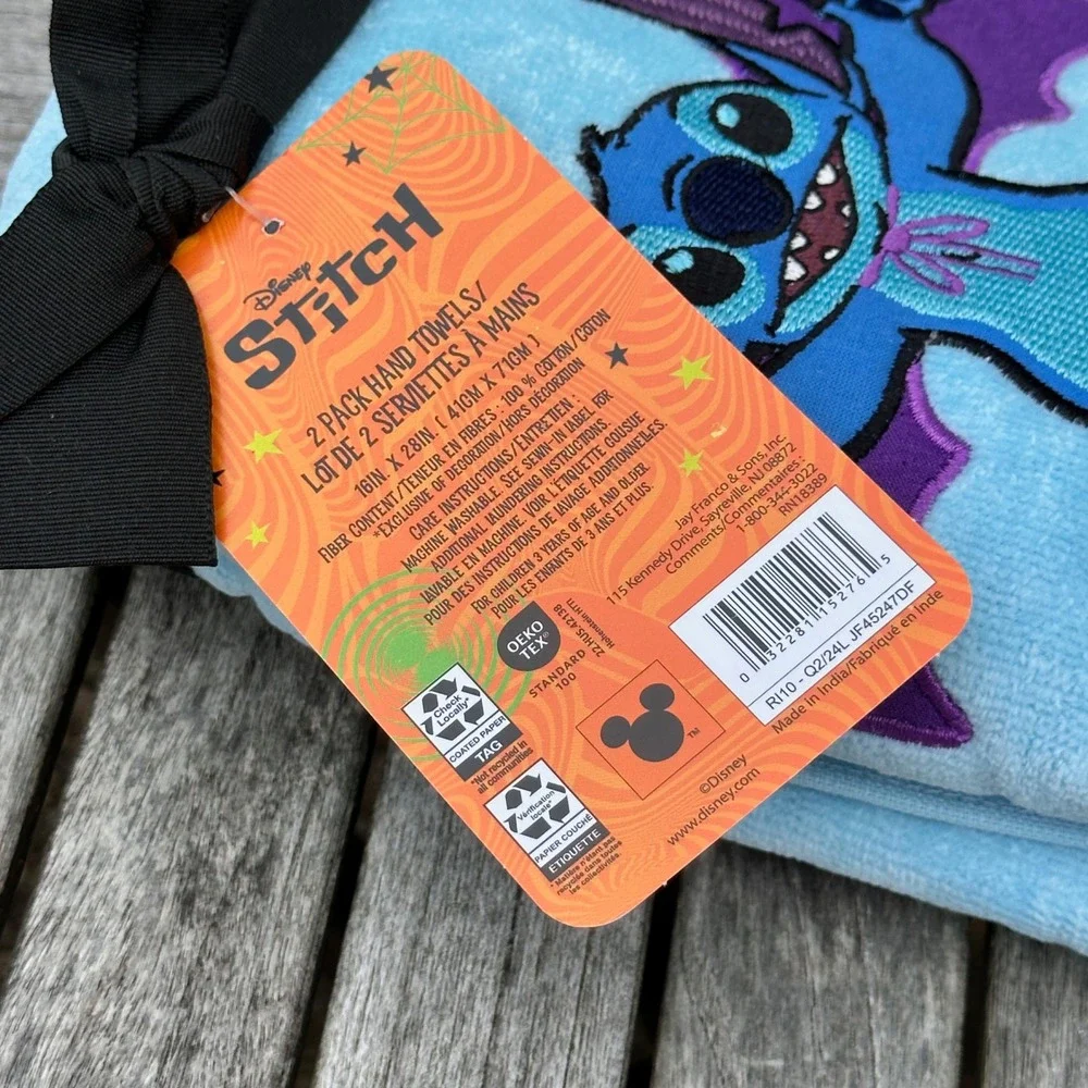 Disney Stitch Halloween Vampire Bat 2 Pack Hand Towels Blue Purple Cotton New